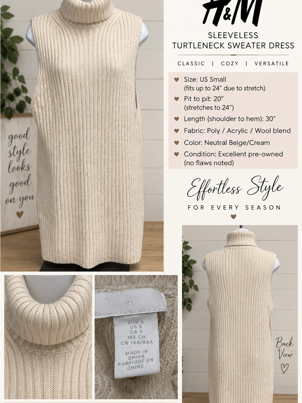 H&M Neutral Beige/Cream Sleeveless Turtleneck Rib-Knit Dress
